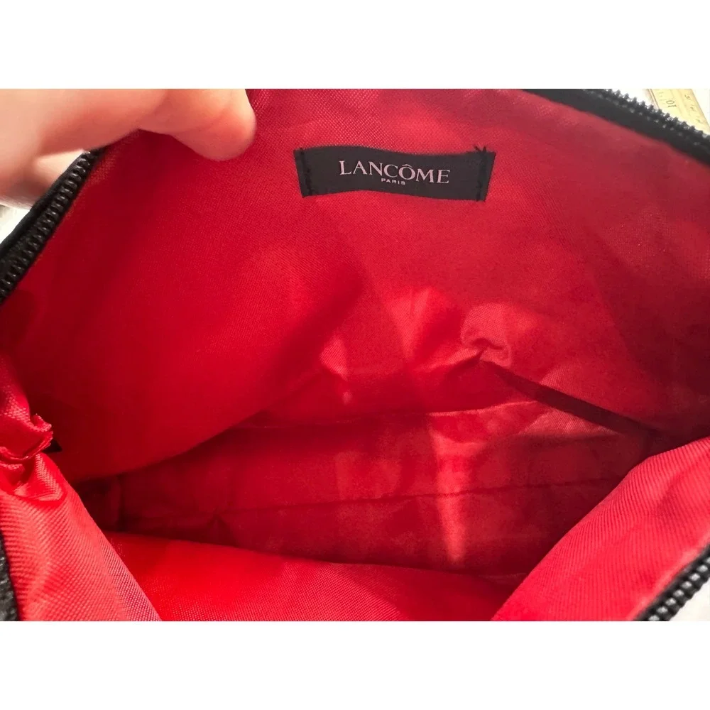 Lancome Paris Cosmetic Bag Set Black Red Rose Wristlet & Floral Canvas Pouch